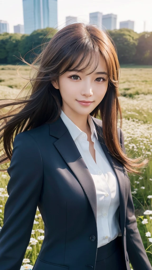 highest quality、genuine、Super detailed、finely、High resolution、8k wallpaper、one beautiful woman、、、light brown disheveled hair、wearing a business suit、sharp focus、perfect dynamic composition、beautiful and detailed eyes、thin hair、Detailed genuine skin texture、smile、model body shape、In Tokyo at morning、In a windswept meadow