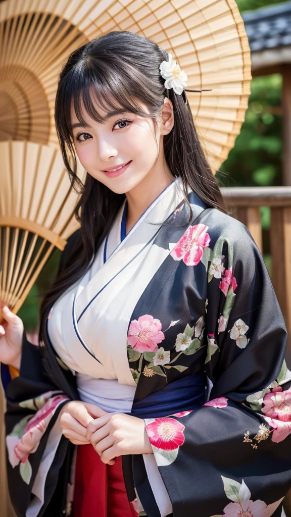 (Super beautiful woman in kimono)、((highest quality、8K masterpiece:1.3))、sharp focus:1.2、(super beautiful face:1.0)、(shiny skin:1.0)、realistic pictures、black hair、video lighting、High resolution eyes and face、video lighting、japanese actress、from the front、with a happy smile、whole body、wearing a kimono、in Kyoto、(luxury obi)、with a fan