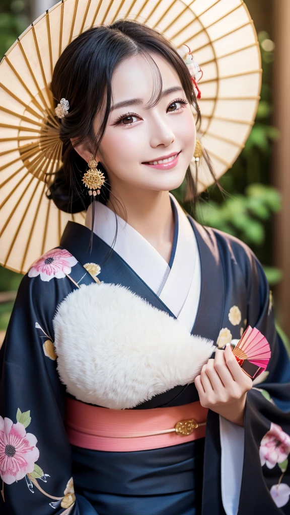 (Super beautiful woman in kimono)、((highest quality、8K masterpiece:1.3))、sharp focus:1.2、(super beautiful face:1.0)、(shiny skin:1.0)、realistic pictures、black hair、video lighting、High resolution eyes and face、video lighting、japanese actress、from the front、with a happy smile、whole body、wearing a kimono、in Kyoto、(luxury obi)、with a fan