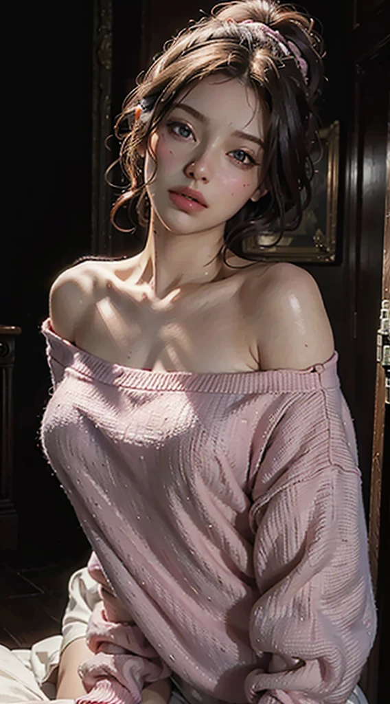 Best Quality, Masterpiece, huge breadt, Ultra High Resolution, (Realisticity: 1.4), Original Photo, 1girl, Pink Off-the-Shoulder, Cinematic Lighting