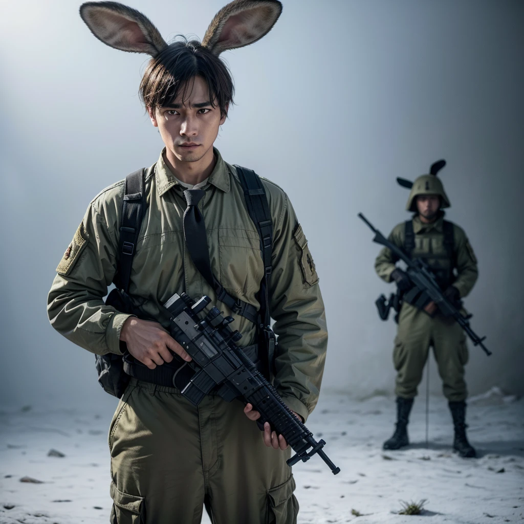 A man with a rabbit face., go to war with your gun in hand, devastating and realistic scenario, clean and clear background, he is standing with his gun in hand