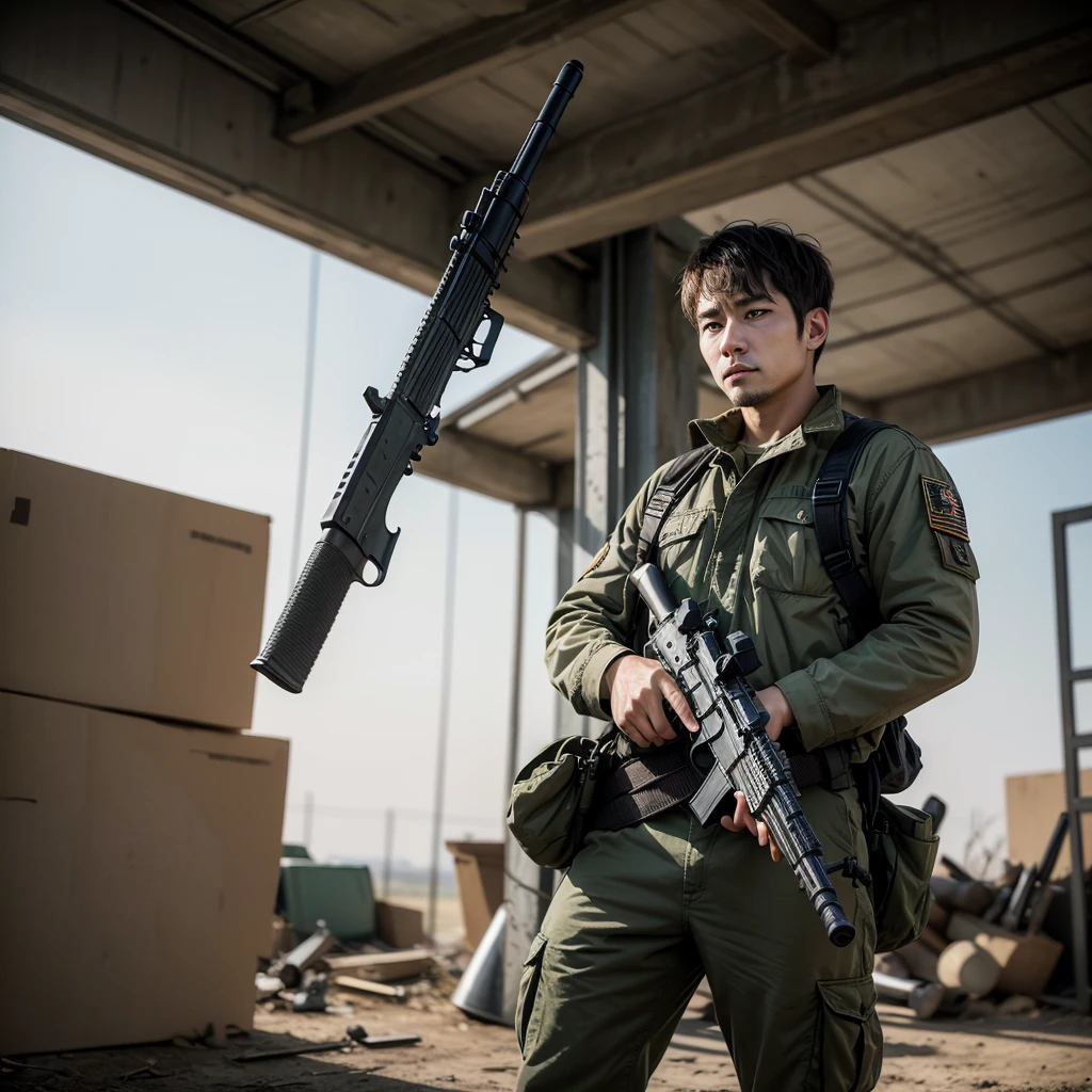 A man with a rabbit face., go to war with your gun in hand, devastating and realistic scenario, clean and clear background, he is standing with his gun in hand
