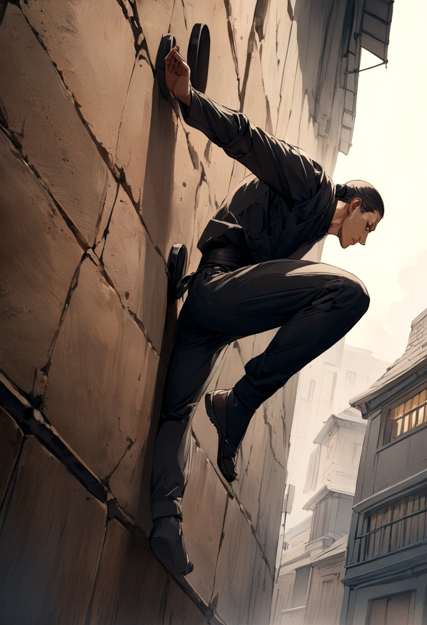 drawing of a kung fu practitioner climbing a negative wall with modern equipment