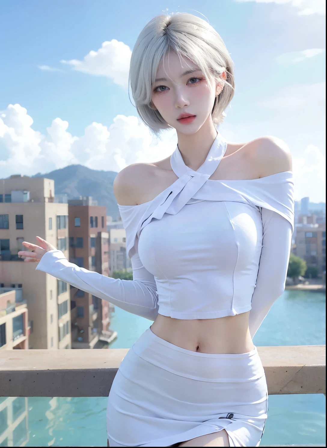 Beautiful woman with perfect figure:1.4,Swimming background,Desert Background,Ultra-high resolution,Seductive laughter,wear glasses,(lifelike:1.4),Layered Hairstyle,White皮肤,Super short pleated skirt,whole body,Very delicate face and skin texture,Double eyelids,Skin Whitening,Long hair,White hair,White,