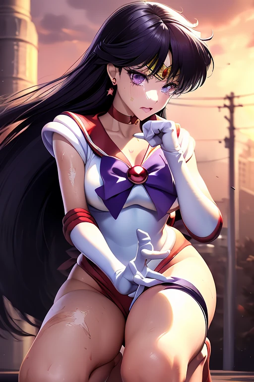 (Very detailed), (Super detailed),Mid-chest, Detailed hands, Sailor Mars,I'm injured、On one knee、(((Crippling)))、(((Her costume is torn and her skin is showing)))、Bleeding、enduring pain、(((Hands tied)))、Under heavy enemy attack、