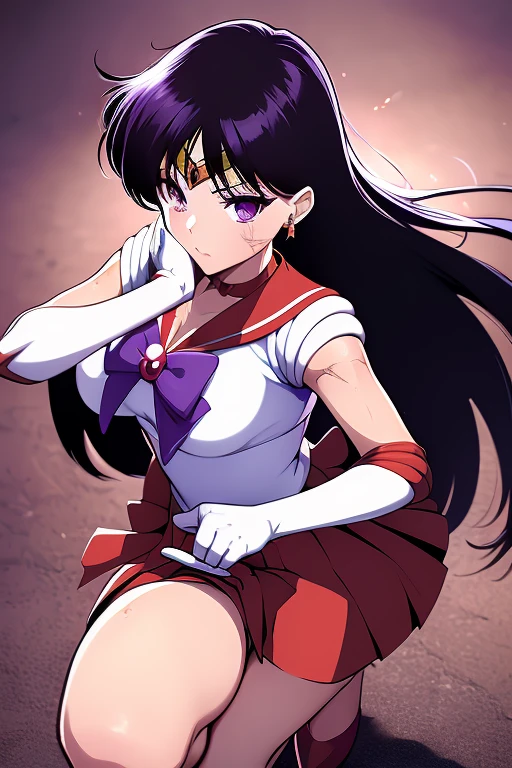 (Very detailed), (Super detailed),Mid-chest, Detailed hands, Sailor Mars,I'm injured、On one knee、(((Crippling)))、(((Her costume is torn and her skin is showing)))、Bleeding、enduring pain、(((Hands tied)))、Under heavy enemy attack、
