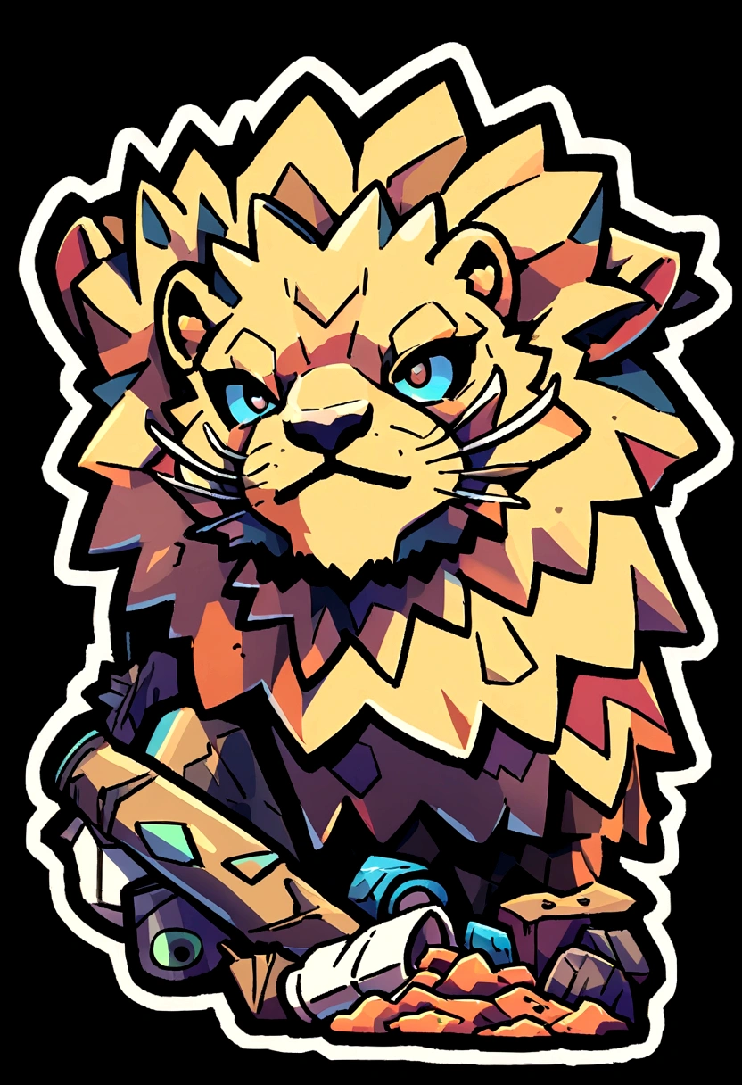 /imagine soon: LION illustration for a sticker with black background., in bold outline style, jagged edges, garbage, light shading --v 5.2