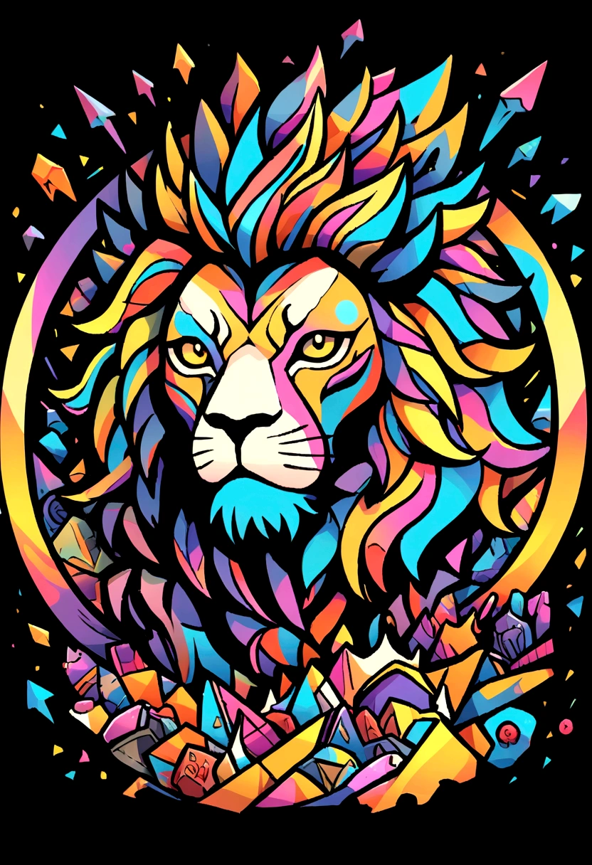 /imagine soon: LION illustration for a sticker with black background., in bold outline style, jagged edges, garbage, light shading --v 5.2