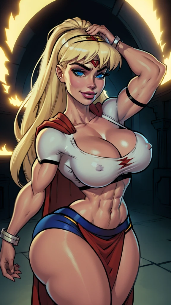 WITH YOUR BACK TO THE CAMERA,((ultra quality)), ((masterpiece)), supes, cute smile, smile, ((long blonde hair)), (Beautiful face), (beautiful female lips), (), charming, ((sexy facial expression)), (white skin color), (white skin), glare on the body, ((detailed beautiful female eyes)), ((flexing)), (juicy female lips), (dark eyeliner), (crop top, midriff, cape )(((headband))), (((blue long skirt))), wide eyebrows, abs, slanted green eyes, makeup eyelids, big cheekbones, thin cheeks, defined jaw, (beautiful female hands), ((ideal female figure)), ideal female body, beautiful waist, gorgeous thighs, beautiful huge breasts, cleavage,((subtle and beautiful)), sexy worth
