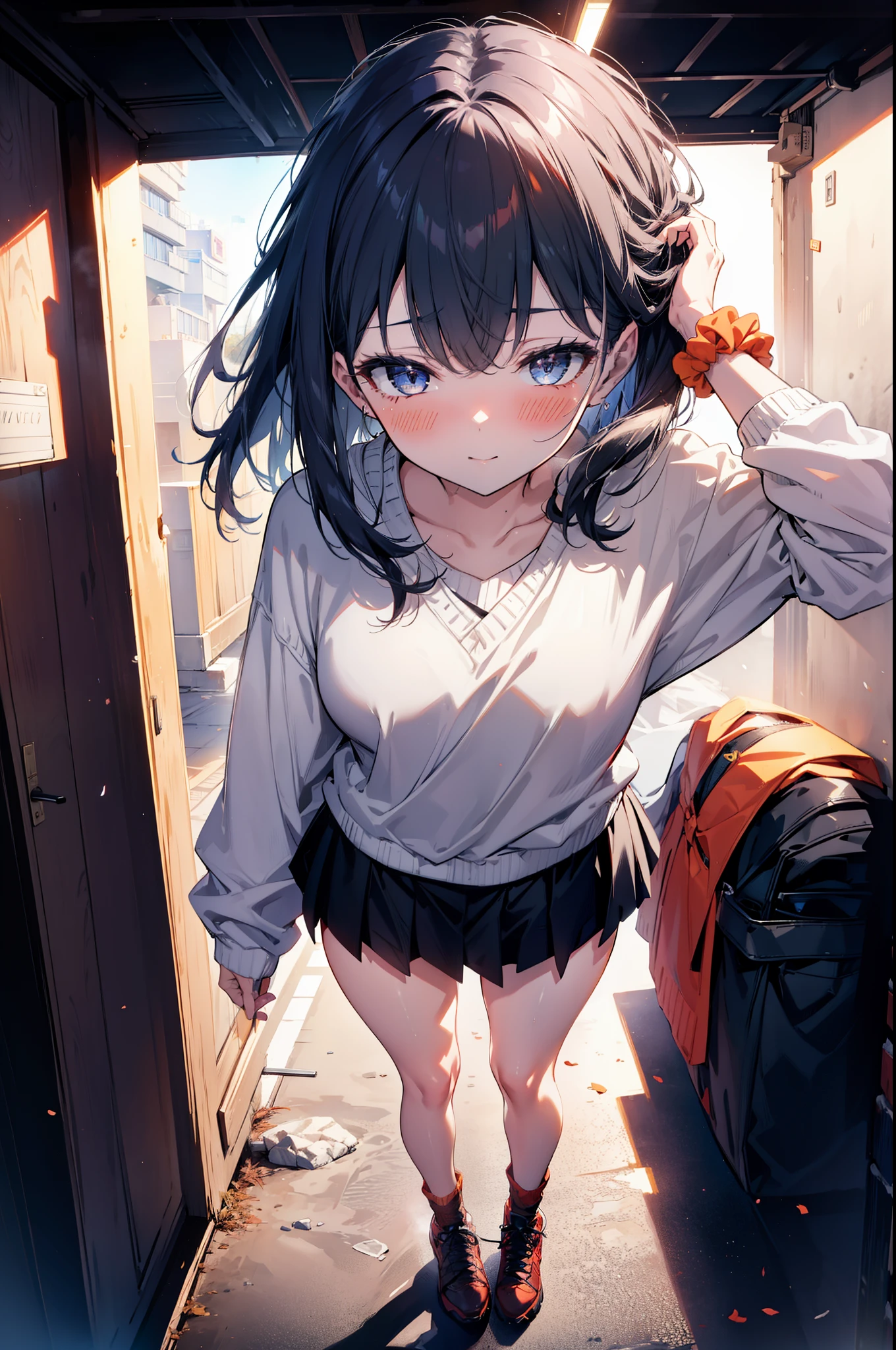Rikka body, Affluent backstreets, Black Hair, blue eyes, Long Hair, orange Scrunchie, Scrunchie, wrist Scrunchie,happy smile, smile, Open your mouth,blush,Oversized red one-shoulder sweater,mini skirt,short boots,Walking,So that the whole body goes into the illustration,morning,morning陽,The sun is rising,
Destroy outdoors, Building district,
壊す looking at viewer, Systemic
break (masterpiece:1.2), Highest quality, High resolution, unity 8k wallpaper, (figure:0.8), (Beautiful attention to detail:1.6), Highly detailed face, Perfect lighting, Highly detailed CG, (Perfect hands, Perfect Anatomy),