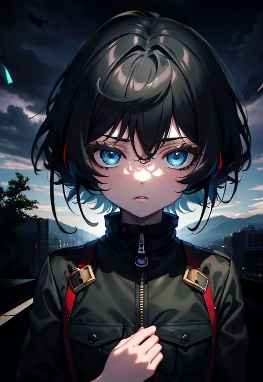 (Masterpiece, Best quality, ultra high resolution),1girl,short hair,black hair,jacket,(multicolor jacket green and black),looking at the viewer,focus on the girl,cloudy sky,beautiful and detailed face, detailed eyes,grey and black theme