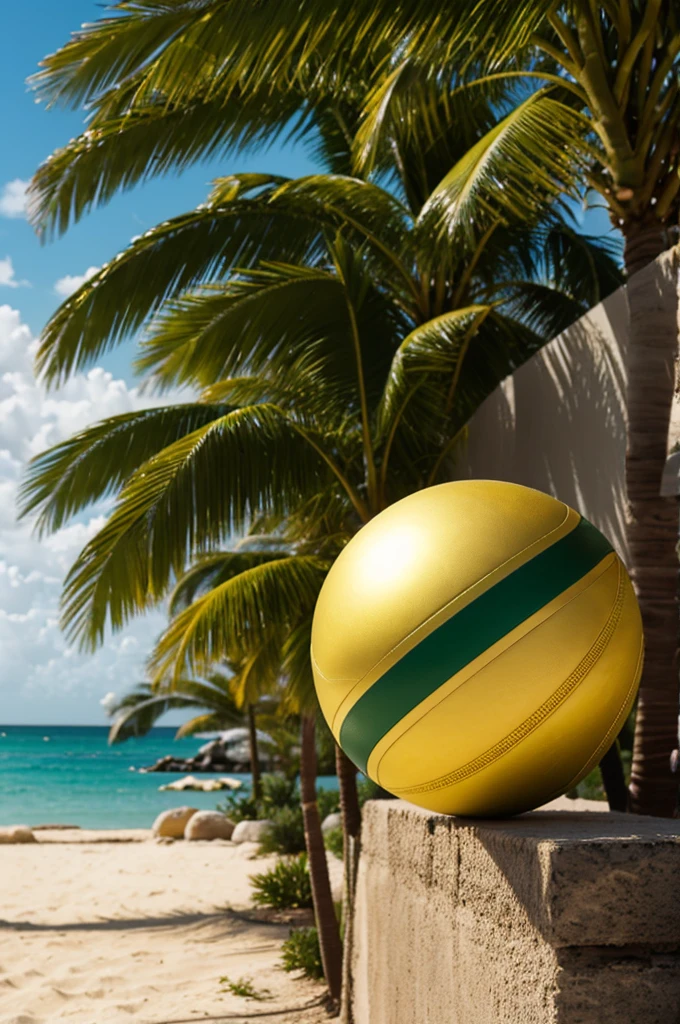 SPORTS SHIELD, golden color with a green palm tree and a ball