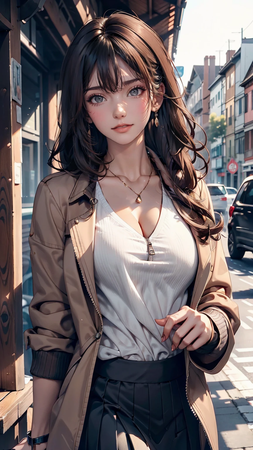 Characteristic,, , One girl, Ahoge, bangs, black skirt, black sweater, Blue Claws, Blurred, Blurred background, chest, Brown eyes, Brown Hair, brown Jacket, Mouth closed, Day付付き, Day, Depth of written boundary, Earrings, eyelash, Raise your hand, Tilt your head, Jacket, jewelry, Long Hair, Long sleeve, View your viewers, medium chest, Manicure, Open clothes, open Jacket, Outdoor, Pursed lips, Tucked in shirt, Side Lock, skirt, Sleeves are longer than the wrist, alone, sweater, Upper Body, zipper, , , ((masterpiece)), , 、Sexy proportions、Sexy