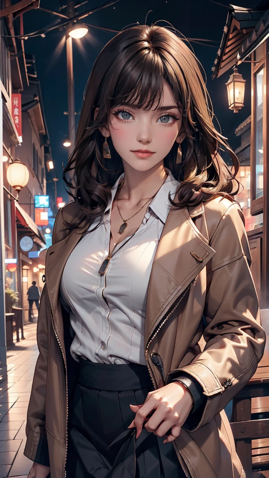 Characteristic,, , One girl, Ahoge, bangs, black skirt, black sweater, Blue Claws, Blurred, Blurred background, chest, Brown eyes, Brown Hair, brown Jacket, Mouth closed, Day付付き, Day, Depth of written boundary, Earrings, eyelash, Raise your hand, Tilt your head, Jacket, jewelry, Long Hair, Long sleeve, View your viewers, medium chest, Manicure, Open clothes, open Jacket, Outdoor, Pursed lips, Tucked in shirt, Side Lock, skirt, Sleeves are longer than the wrist, alone, sweater, Upper Body, zipper, , , ((masterpiece)), , 、Sexy proportions、Sexy