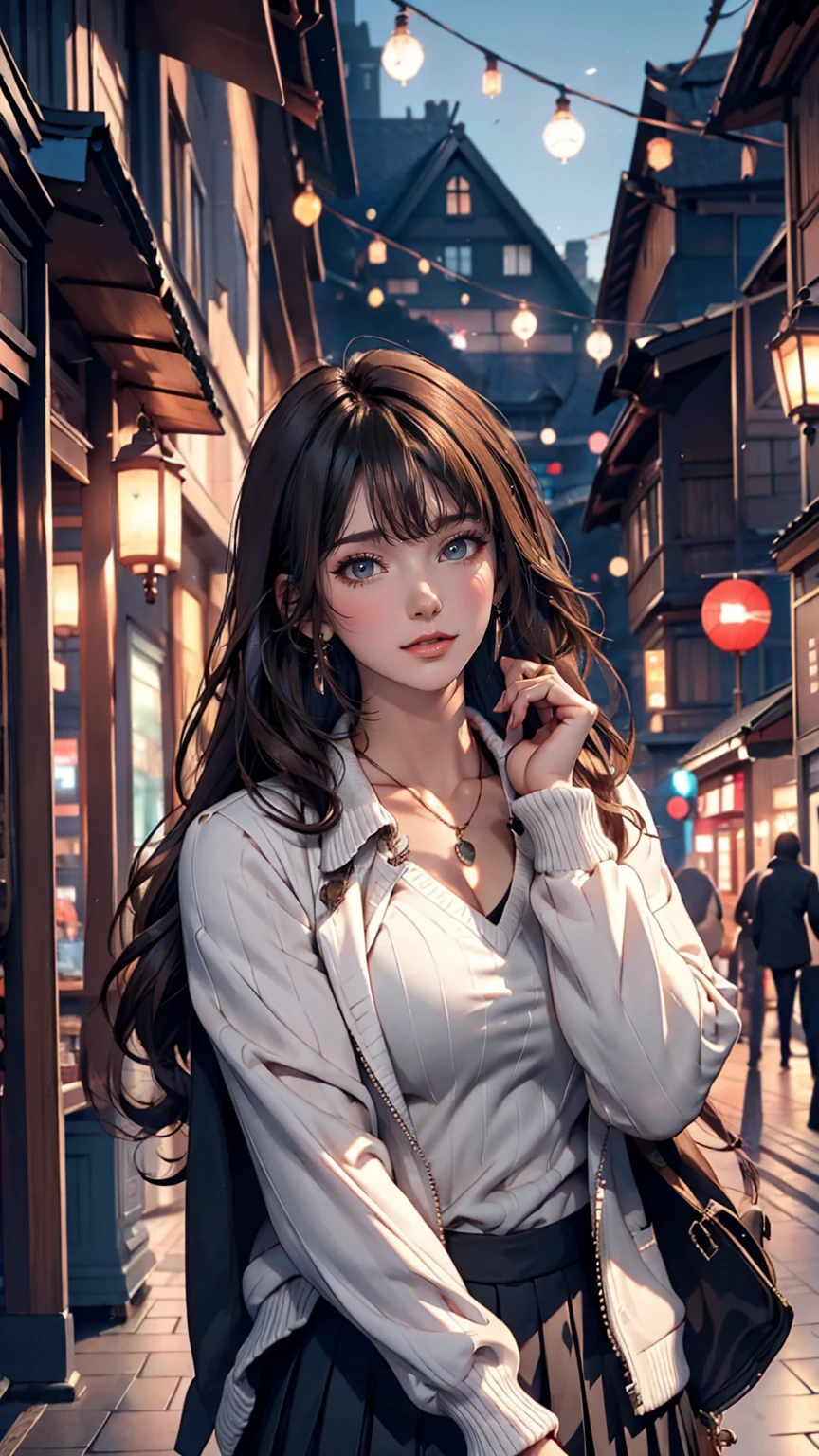 Characteristic,, , One girl, Ahoge, bangs, black skirt, black sweater, Blue Claws, Blurred, Blurred background, chest, Brown eyes, Brown Hair, brown Jacket, Mouth closed, Day付付き, Day, Depth of written boundary, Earrings, eyelash, Raise your hand, Tilt your head, Jacket, jewelry, Long Hair, Long sleeve, View your viewers, medium chest, Manicure, Open clothes, open Jacket, Outdoor, Pursed lips, Tucked in shirt, Side Lock, skirt, Sleeves are longer than the wrist, alone, sweater, Upper Body, zipper, , , ((masterpiece)), , 、Sexy proportions、Sexy