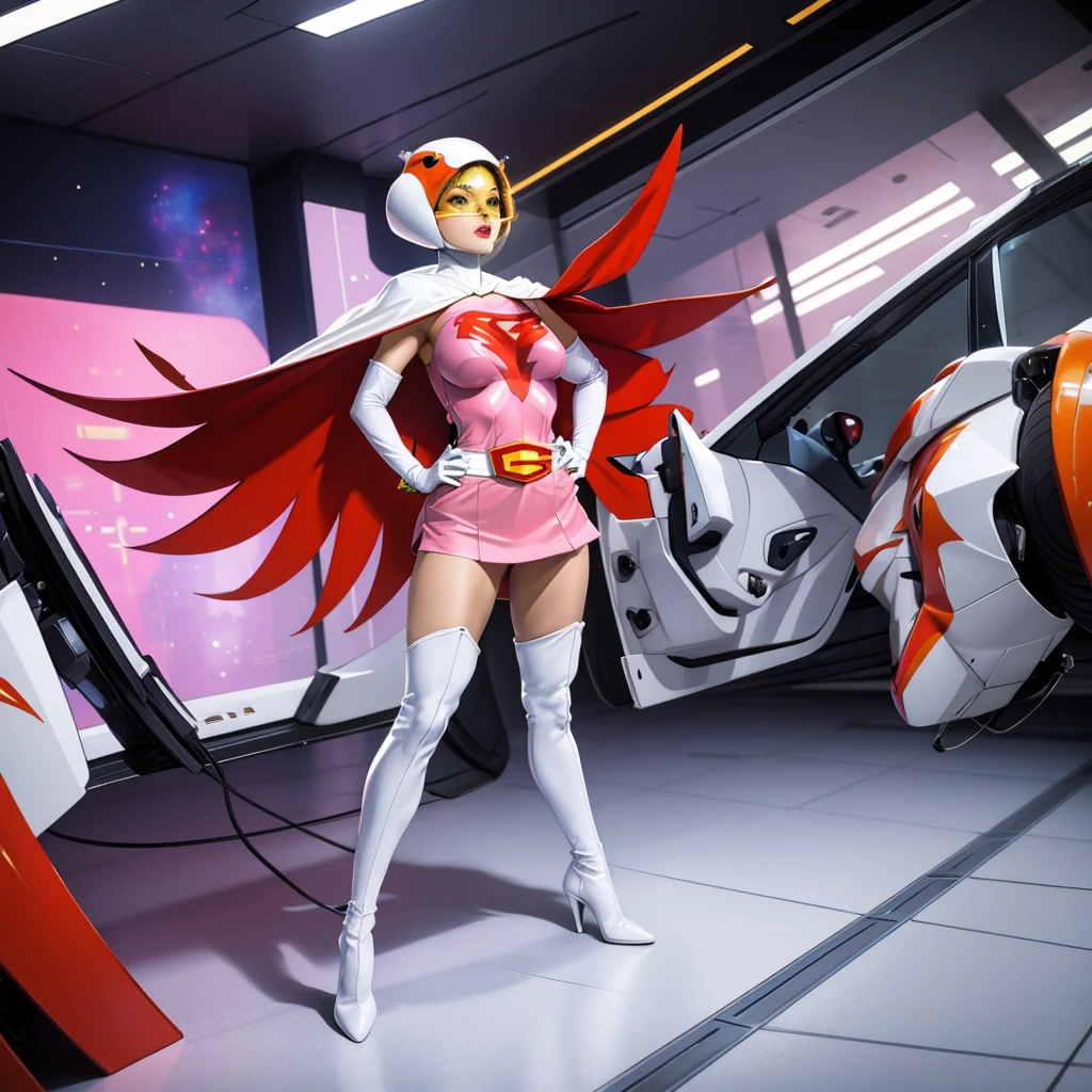 ANI_CLASSIC_jun_gatchaman_ownwaifu,1girl, 15yo,good anatomy, masterpiece, best quality,realistic, hyper realistic, 16k hdr, long hair,breasts,lips,large breasts,lipstick,makeup,gloves,cape,helmet,belt,elbow gloves,white gloves,mask,ultra miniskirt,leotard,spacesuit,white tight overknee highheels boots,pink dress,superhero,bodysuit,cleavage,erected nipples,(stand pose,hands on hip),(spread legs:1.1),cameltoe
