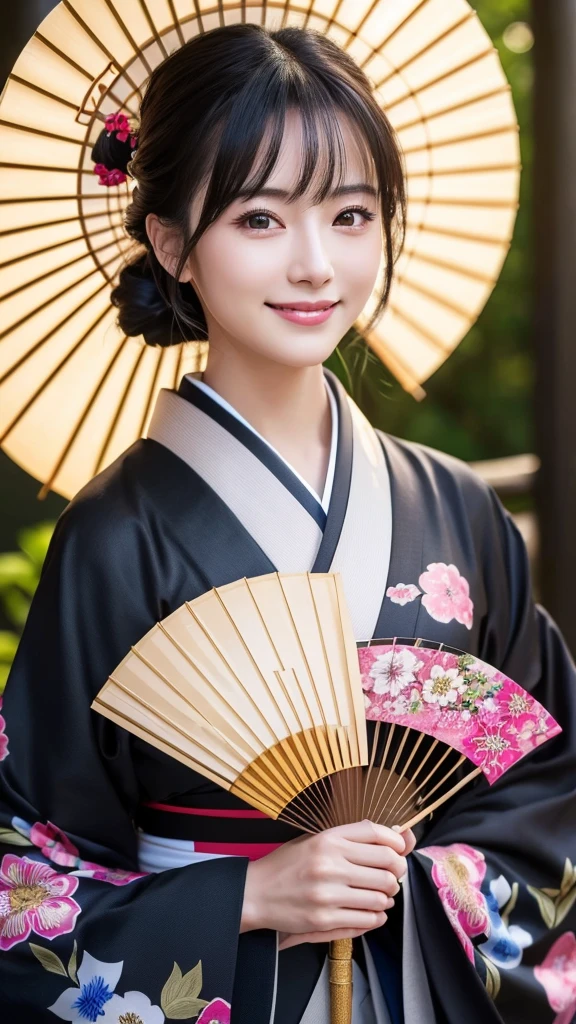 (Super beautiful woman in kimono)、((highest quality、8K masterpiece:1.3))、sharp focus:1.2、(super beautiful face:1.0)、(shiny skin:1.0)、realistic pictures、black hair、video lighting、High resolution eyes and face、video lighting、japanese actress、from the front、with a happy smile、whole body、wearing a kimono、in Kyoto、(luxury obi)、with a fan