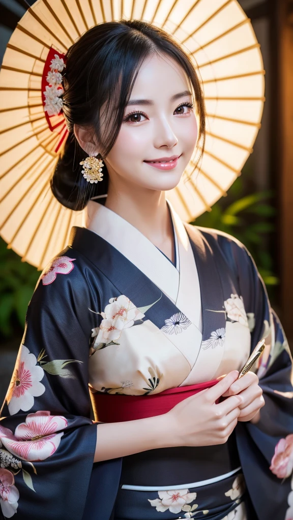 (Super beautiful woman in kimono)、((highest quality、8K masterpiece:1.3))、sharp focus:1.2、(super beautiful face:1.0)、(shiny skin:1.0)、realistic pictures、black hair、video lighting、High resolution eyes and face、video lighting、japanese actress、from the front、with a happy smile、whole body、wearing a kimono、in Kyoto、(luxury obi)、with a fan