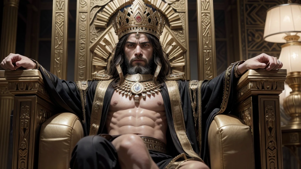 Create an image of the ancient Babylonian king Nebuchadnezzar sitting on his throne, with a serious and angry expression, which is a very realistic frontal image, depicting Babylonian glory and luxury.