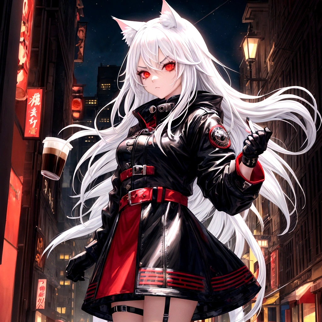 1 girl, beautiful, cool, intimidation, long hair, white hair, cat ear, red eye, black jacket, black gloves, holding a cup coffee, city, town, anime