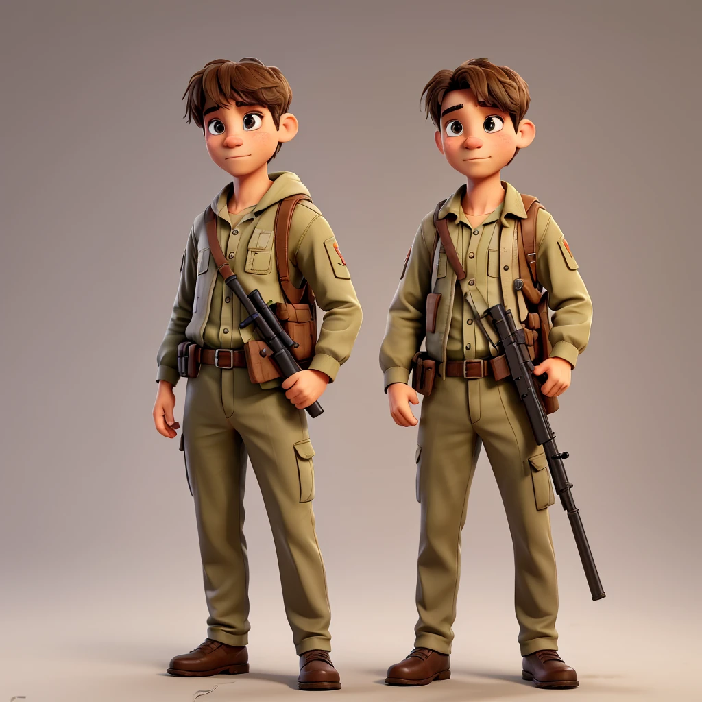 A man with a rabbit face., go to war with your gun in hand, devastating and realistic scenario, clean and clear background, he is standing with his gun in hand