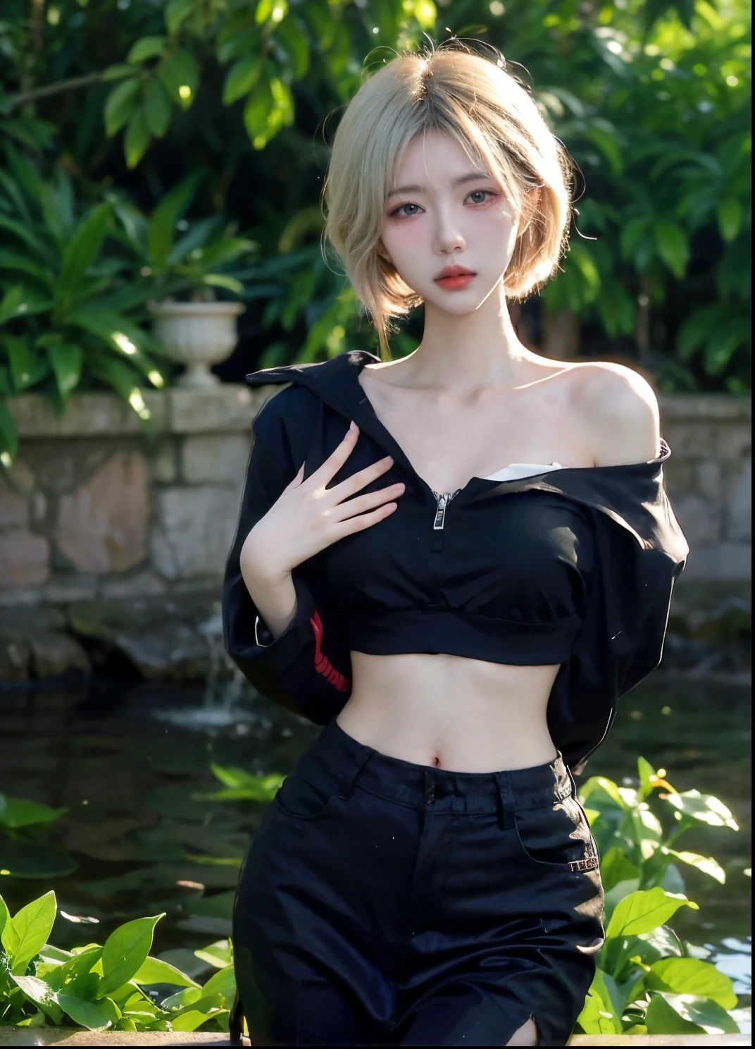 Beautiful woman with perfect figure:1.4,Ultra-high resolution,Put your hands behind your back,Swimming background,(Realism:1.4),perspective,Layered hairstyle,Snow white skin,JK:1.5,Super short pleated skirt,whole body:1.4,Very delicate and skin texture,Double eyelids,Skin Whitening,Long hair,White hair