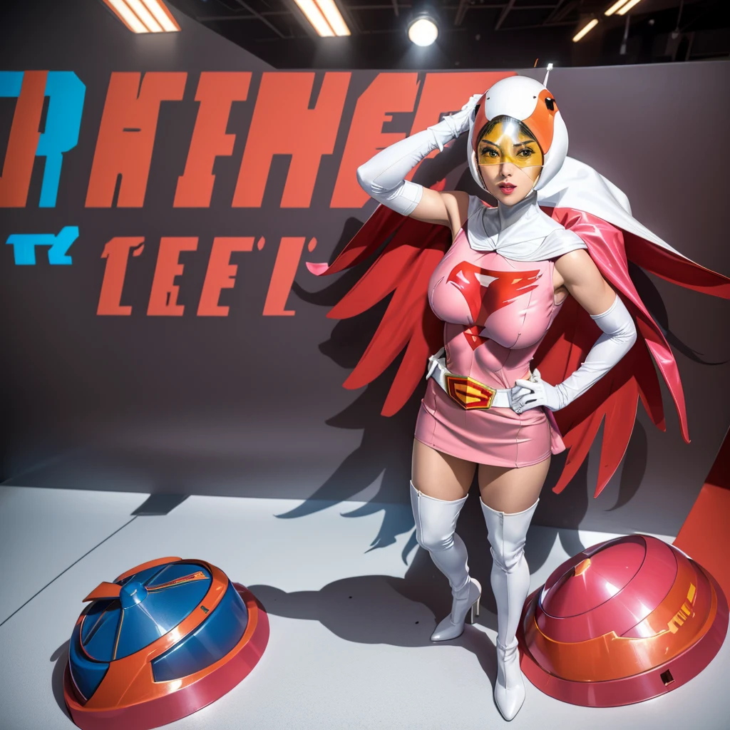 ANI_CLASSIC_jun_gatchaman_ownwaifu,1girl, 15yo,good anatomy, masterpiece, best quality,realistic, hyper realistic, 16k hdr, long hair,breasts,lips,large breasts,lipstick,makeup,gloves,cape,helmet,belt,elbow gloves,white gloves,mask,ultra miniskirt,leotard,spacesuit,white tight overknee highheels boots,pink dress,superhero,bodysuit,cleavage,erected nipples,(stand pose,hands on hip),(spread legs:1.1),cameltoe