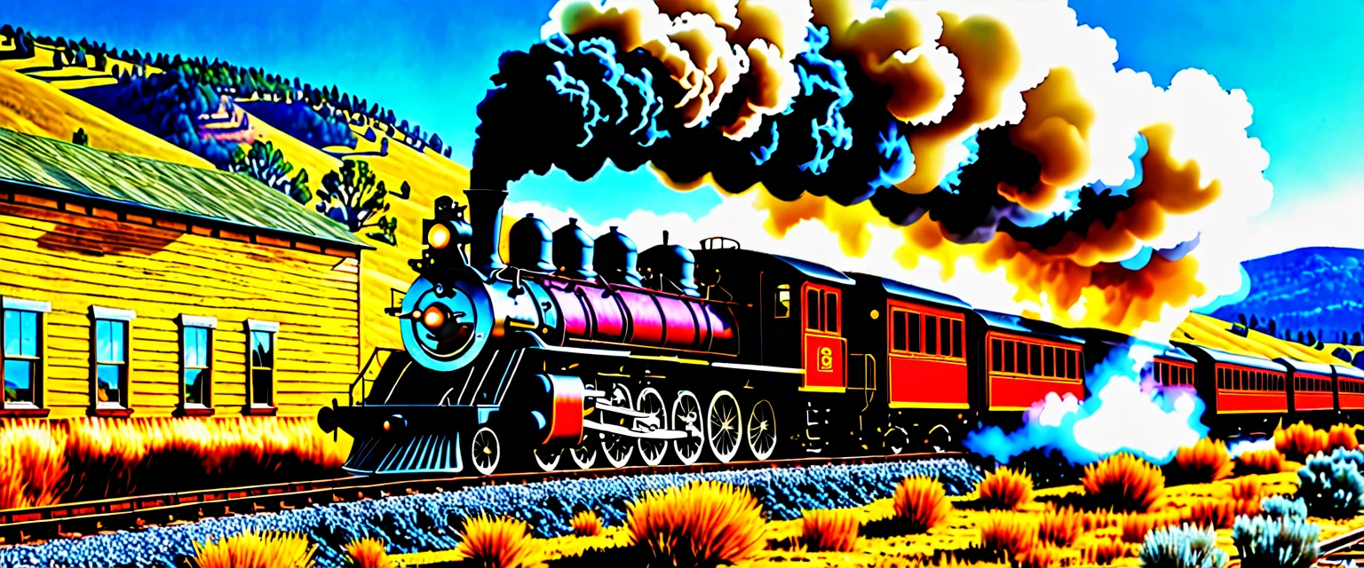 old style American steam train of 1800s working hard through open country