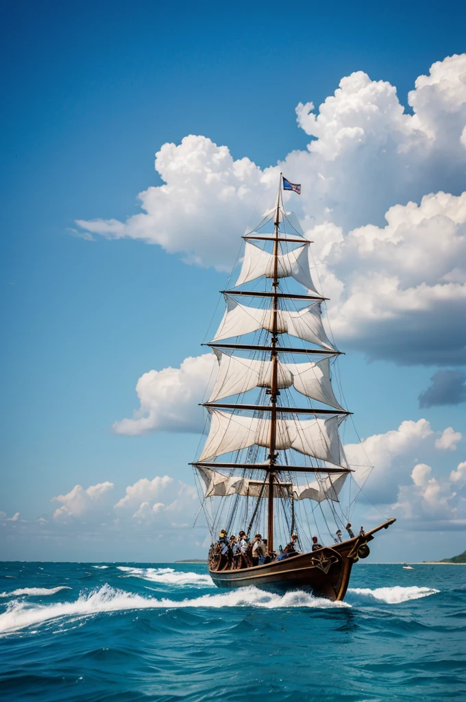 Three pirates sailing in the sea on their way to an island