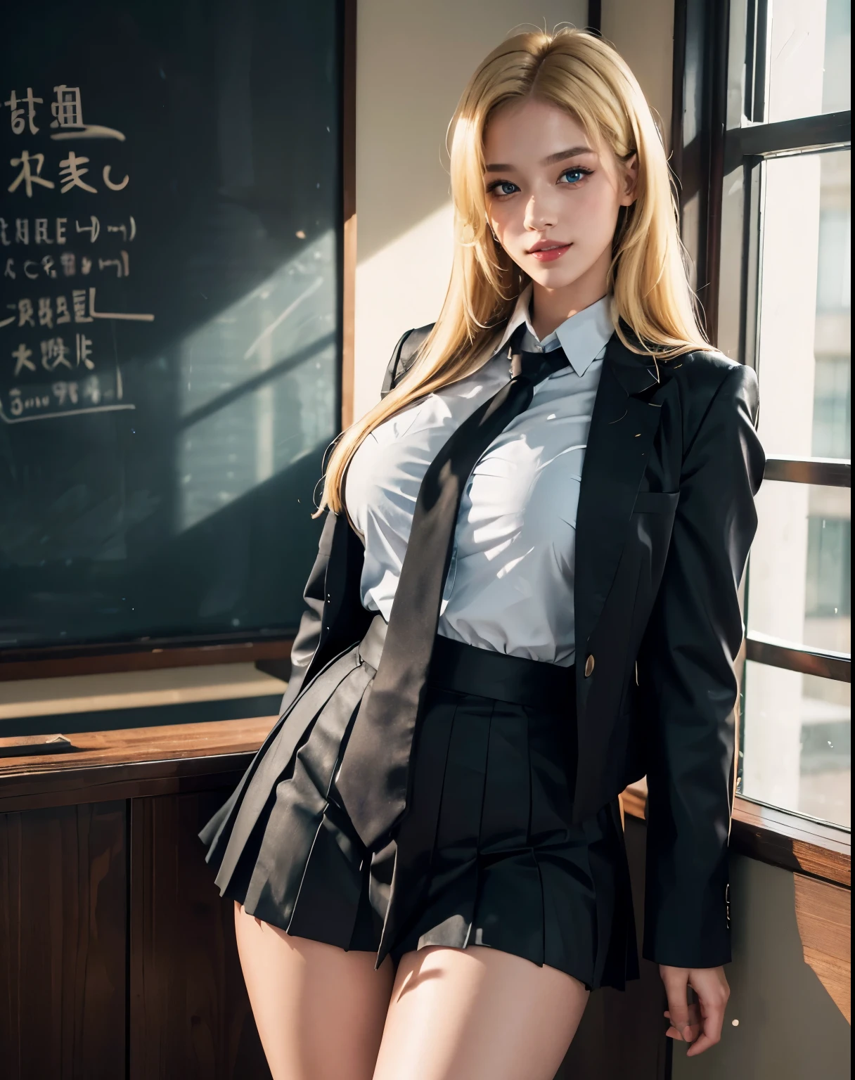 1girl, (Blue Eyes), (smiling :1.2), (beautiful makeup :1.2), (big :1.1), big ass, wide hips, (Best Quality, 8k, Masterpiece: 1.3), Clear Focus: 1.2, Perfect Body Beauty: 1.4, Highly detailed face and skin texture, detailed eyes, double eyelids, (shiny skin :1.2), red lips, (blonde long straight hair :1.2), (japanese school uniform), (Blazer uniform brown), (school shirt), (pleated skirt), (tie black), standing, dynamic pose, in a japanese school, blackboard in the background