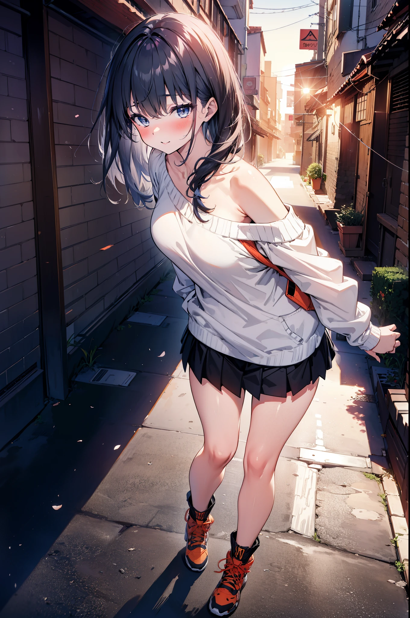 Rikka body, Affluent backstreets, Black Hair, blue eyes, Long Hair, rist scrunchie,happy smile, smile, Open your mouth,blush,Oversized red one-shoulder sweater,mini skirt,short boots,Walking,So that the whole body goes into the illustration,morning,morning陽,The sun is rising,
Destroy outdoors, Building district,
壊す looking at viewer, Systemic
break (masterpiece:1.2), Highest quality, High resolution, unity 8k wallpaper, (figure:0.8), (Beautiful attention to detail:1.6), Highly detailed face, Perfect lighting, Highly detailed CG, (Perfect hands, Perfect Anatomy),