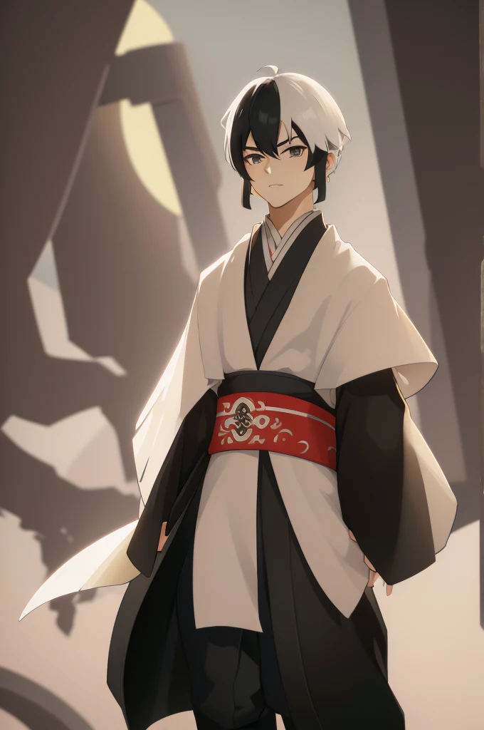 Man, hair half-black half-white, chinese, wearing peasant robes.