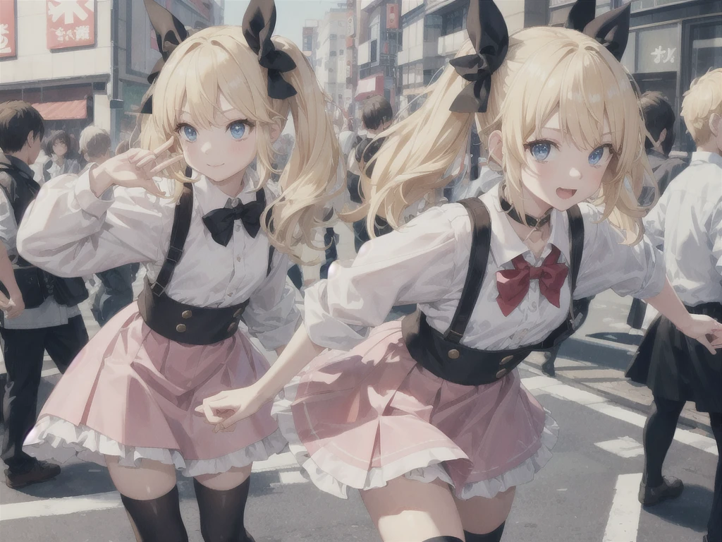insanely detailed, absurdres, ultra-highres, ultra-detailed, best quality,
1girl, solo, (toddler, small:1.3),
BREAK
jirai kei,thighhighs, skirt, twintails, pink skirt, collar, bow, black thighhighs, black bow, long hair, pink bow, hair bow, spiked collar
BREAK
happy smile, laugh, closed mouth, standing,
from side,
cute pose, cowboy shot,
BREAK
slender, kawaii, perfect symmetrical face, ultra cute girl, ultra cute face, ultra detailed eyes, ultra detailed hair, ultra cute, ultra beautiful,
BREAK
in harajuku, shibuya, tokyo, street, crowd, cityscape,
BREAK
medium breasts,
(blonde medium hair, blue eyes:1.3), hime cut