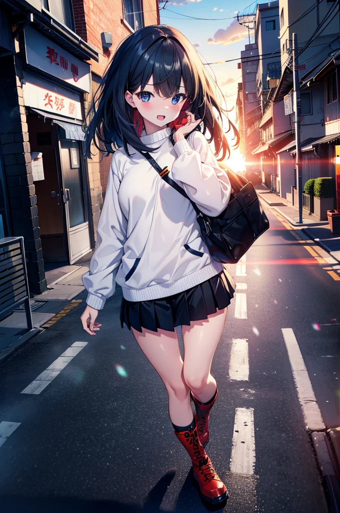Rikka body, Affluent backstreets, Black Hair, blue eyes, Long Hair, rist scrunchie,happy smile, smile, Open your mouth,blush,Oversized red one-shoulder sweater,mini skirt,short boots,Walking,So that the whole body goes into the illustration,morning,morning陽,The sun is rising,
Destroy outdoors, Building district,
壊す looking at viewer, Systemic
break (masterpiece:1.2), Highest quality, High resolution, unity 8k wallpaper, (figure:0.8), (Beautiful attention to detail:1.6), Highly detailed face, Perfect lighting, Highly detailed CG, (Perfect hands, Perfect Anatomy),