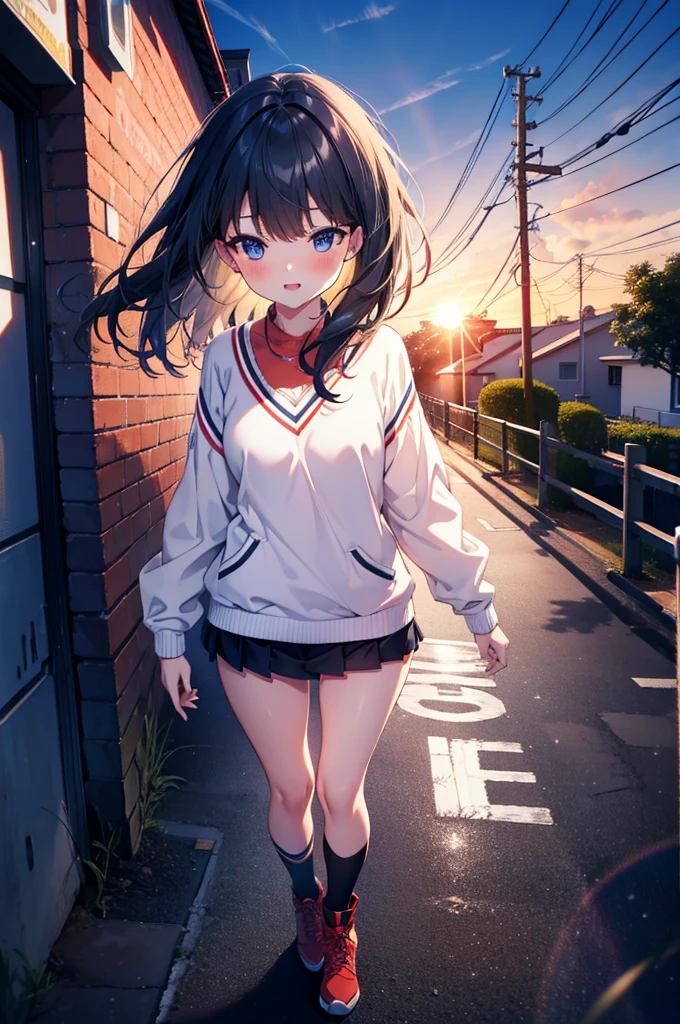 Rikka body, Affluent backstreets, Black Hair, blue eyes, Long Hair, rist scrunchie,happy smile, smile, Open your mouth,blush,Oversized red one-shoulder sweater,mini skirt,short boots,Walking,So that the whole body goes into the illustration,morning,morning陽,The sun is rising,
Destroy outdoors, Building district,
壊す looking at viewer, Systemic
break (masterpiece:1.2), Highest quality, High resolution, unity 8k wallpaper, (figure:0.8), (Beautiful attention to detail:1.6), Highly detailed face, Perfect lighting, Highly detailed CG, (Perfect hands, Perfect Anatomy),