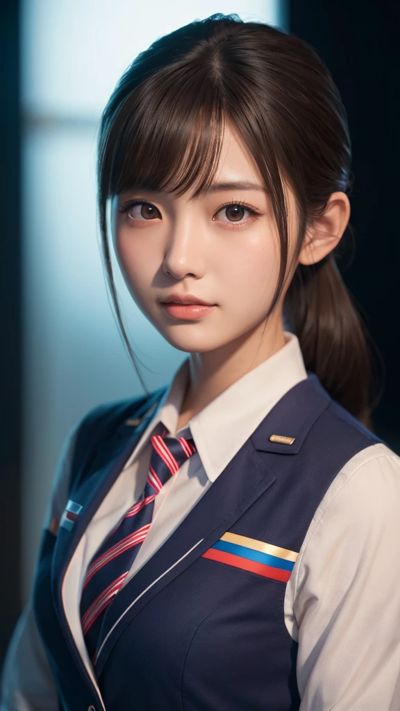 A beautiful young Japanese woman, around 20 years old, wearing a stewardess uniform, ultra-detailed, 8K resolution, highly realistic, cinematic lighting, best quality, masterpiece, photorealistic, physically-based rendering, extremely detailed, vivid colors, professional, sharp focus, studio lighting