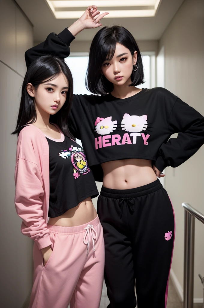 Woman with medium black hair in a light brunette color and wearing Hello Kitty pants and black crop tops with a black man in a black sweatshirt and Hello Kitty pants, he has to be strong and with slanted eyes