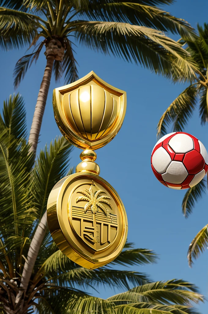 logo, golden sports shield with a ball and a palm tree