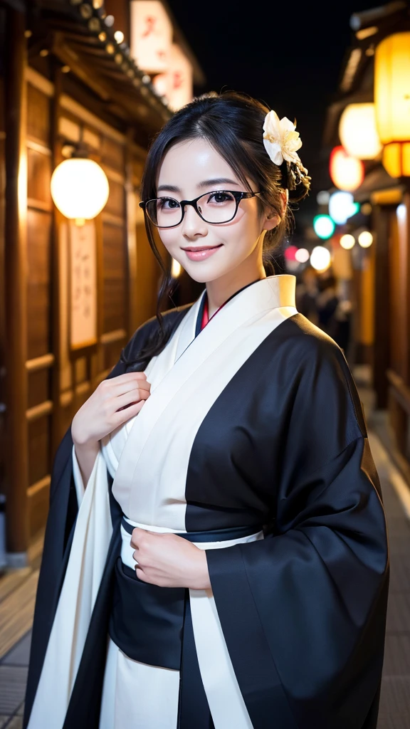 (Super beautiful woman in kimono)、((highest quality、8K masterpiece:1.harp focus:1.2、(subeautiful face:1.0)、(shiny skin:1.0)、realistic pictures、black hair、video lighting、High resolution eyes and face、video lighting、japanese actress、from the front、big breasappy smile、Slender abs beauty、whole body、wearing a kimono、in Kyoto、(((luxury obi)))、In Kyoto at night、wearing glasses with no edge、with a fan