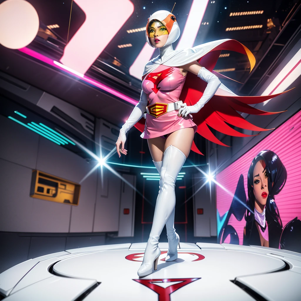 ANI_CLASSIC_jun_gatchaman_ownwaifu,1girl, yo,good anatomy, masterpiece, best quality,realistic, hyperrealistic, 16k hdr, long hair,breasts,green eyes,lips,large breasts,lipstick,makeup,gloves,cape,helmet,belt,elbow gloves,white gloves,mask,ultra miniskirt,leotard,spacesuit,white tight overknee highheels boots,pink dress,superhero,bodysuit,cleavage,erected nipples,(sexy pose,view from below),(spread legs:1.1),cameltoe