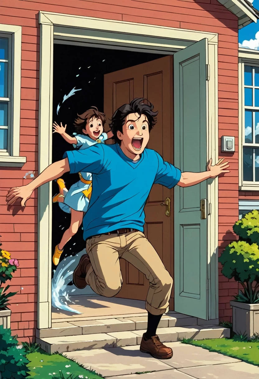 young black-haired adult jumping out of the house with a brown-haired hanging on his back and right behind them a young black-haired adult smiling