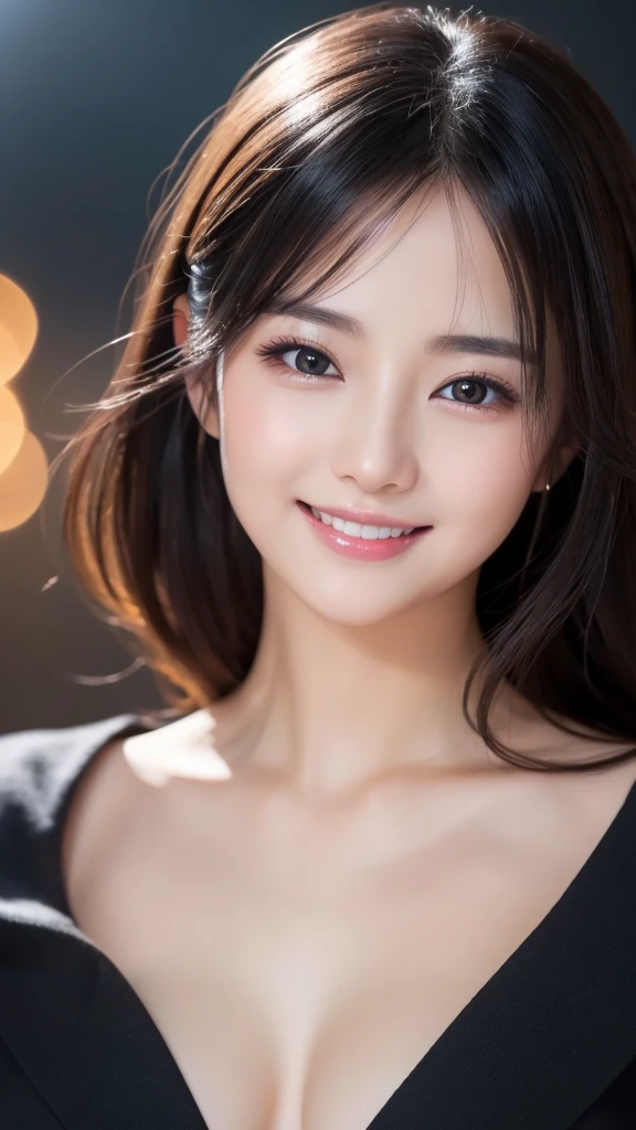 (Super beautiful woman)、((highest quality、8K masterpiece:1.3))、sharp focus:1.2、(super beautiful face:1.0)、(shiny skin:1.0)、realistic pictures、black hair、video lighting、High resolution eyes and face、video lighting、japanese actress、from the front、with a happy smile、whole body、