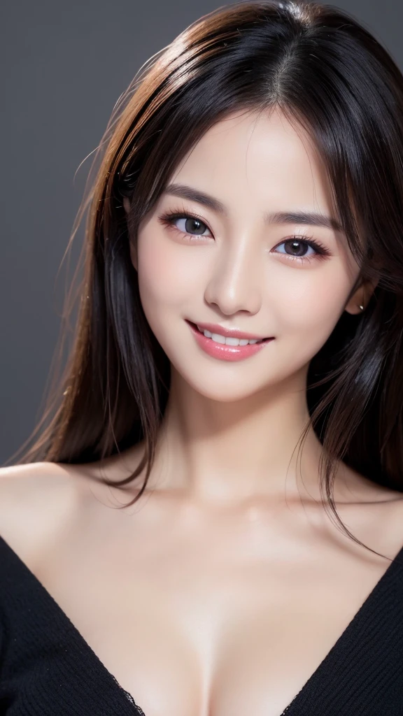 (Super beautiful woman)、((highest quality、8K masterpiece:1.3))、sharp focus:1.2、(super beautiful face:1.0)、(shiny skin:1.0)、realistic pictures、black hair、video lighting、High resolution eyes and face、video lighting、japanese actress、from the front、with a happy smile、whole body、