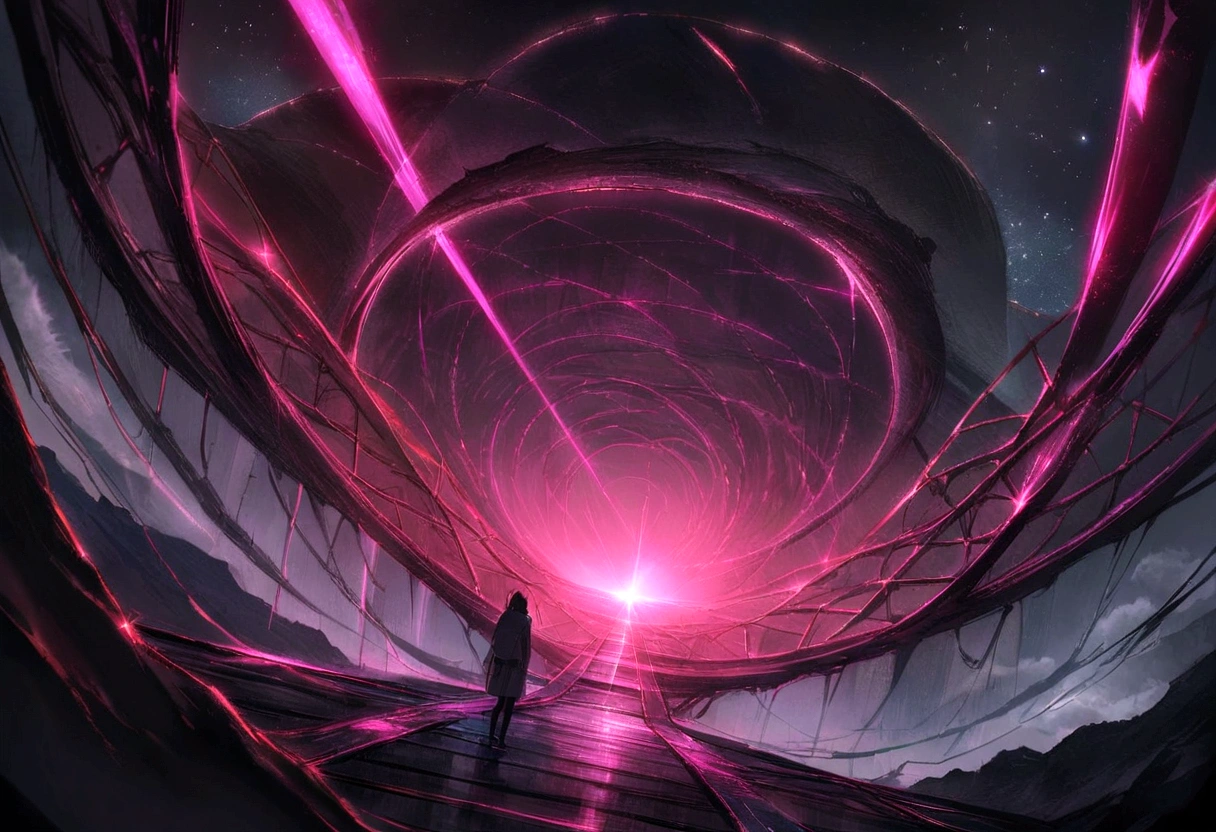 8k, masterpiece, best quality, realistic, higly detailed, landscape, dark energy floo, a gray concrete platform, with twenty bridges connecting it, flying over an abyss of dark energy, starry sky