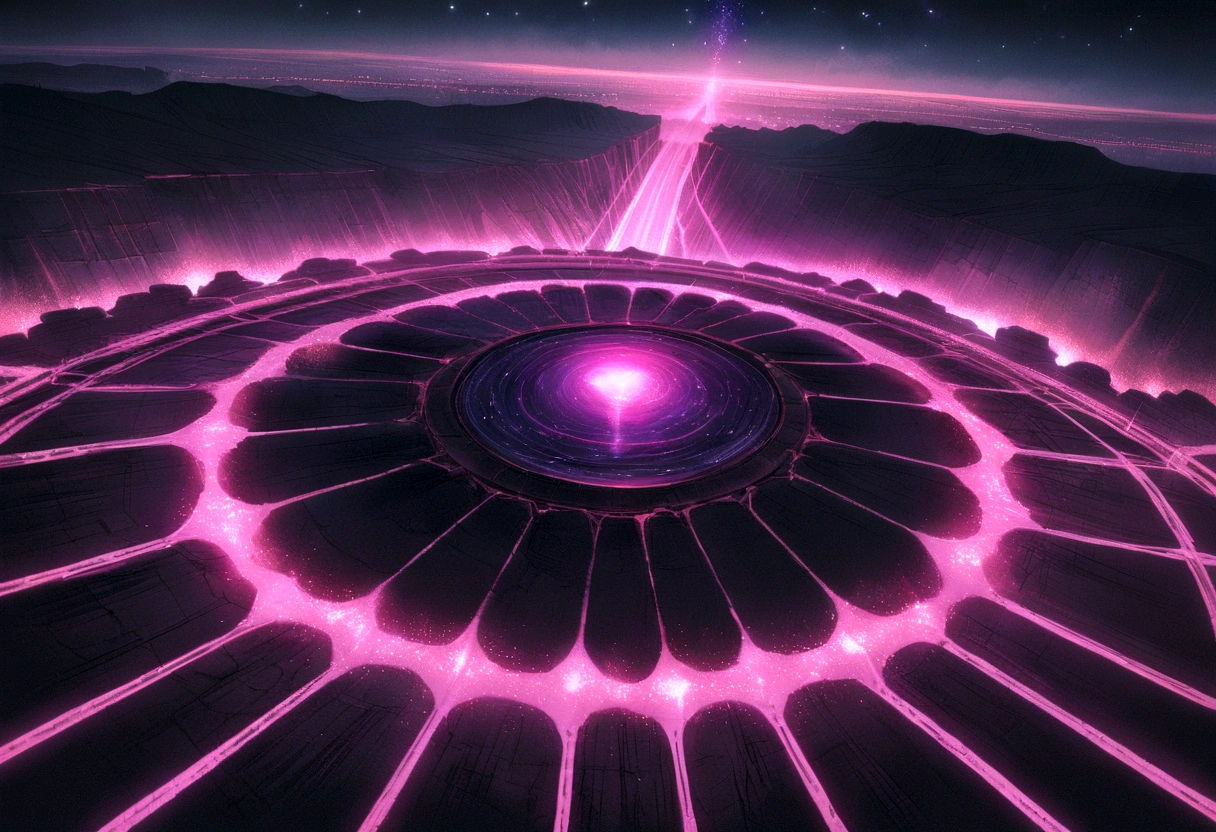 8k, masterpiece, best quality, realistic, higly detailed, landscape, dark energy floo, a gray concrete platform, with twenty bridges connecting it, flying over an abyss of dark energy, starry sky