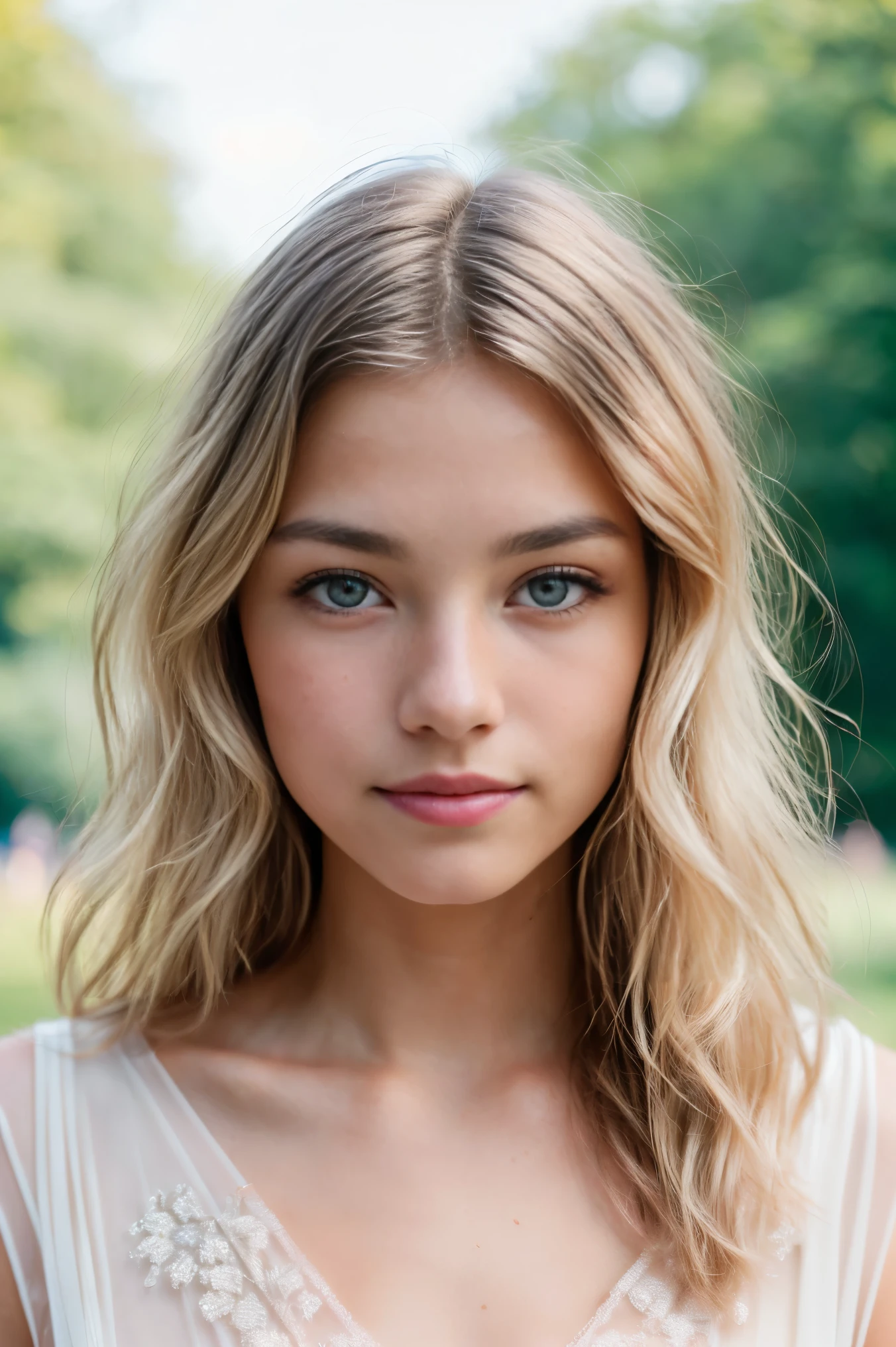 Portrait of 19 year old blonde with beautiful sparkling eyes, natural blonde hair, locks, waves, New York Central Park background, large breasts, stylish sheer top and sheer skirt with colorful floral pattern), (neckline), detailed (texture! , hair! , brightness, color! (imperfect:1.1), very detailed bright eyes, (looking at camera), super image quality, sharp focus, sharp, dof, film grain, (center), Fujifilm XT3, transparent, center of frame, cute face, sharp focus,