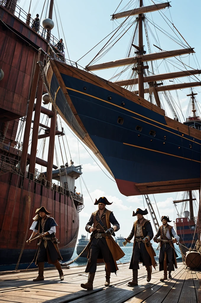 Three pirates loading things onto a ship to set sail