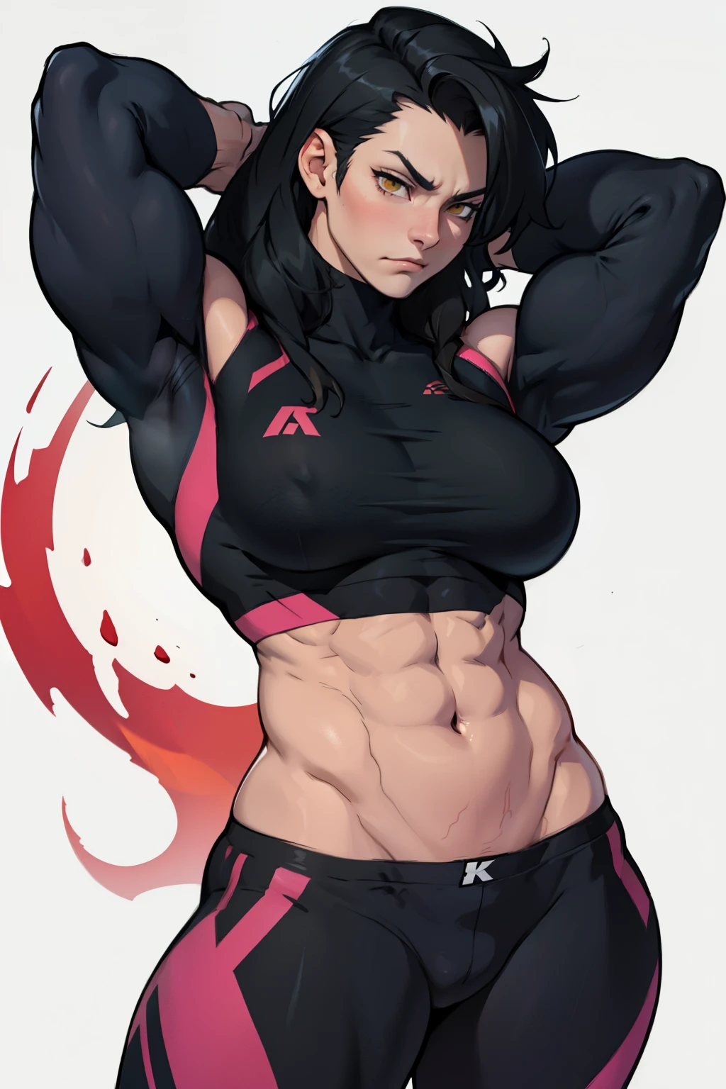 swole girl black hair yellow eyes pale skin disappointed anatomically correct breasts highest quality