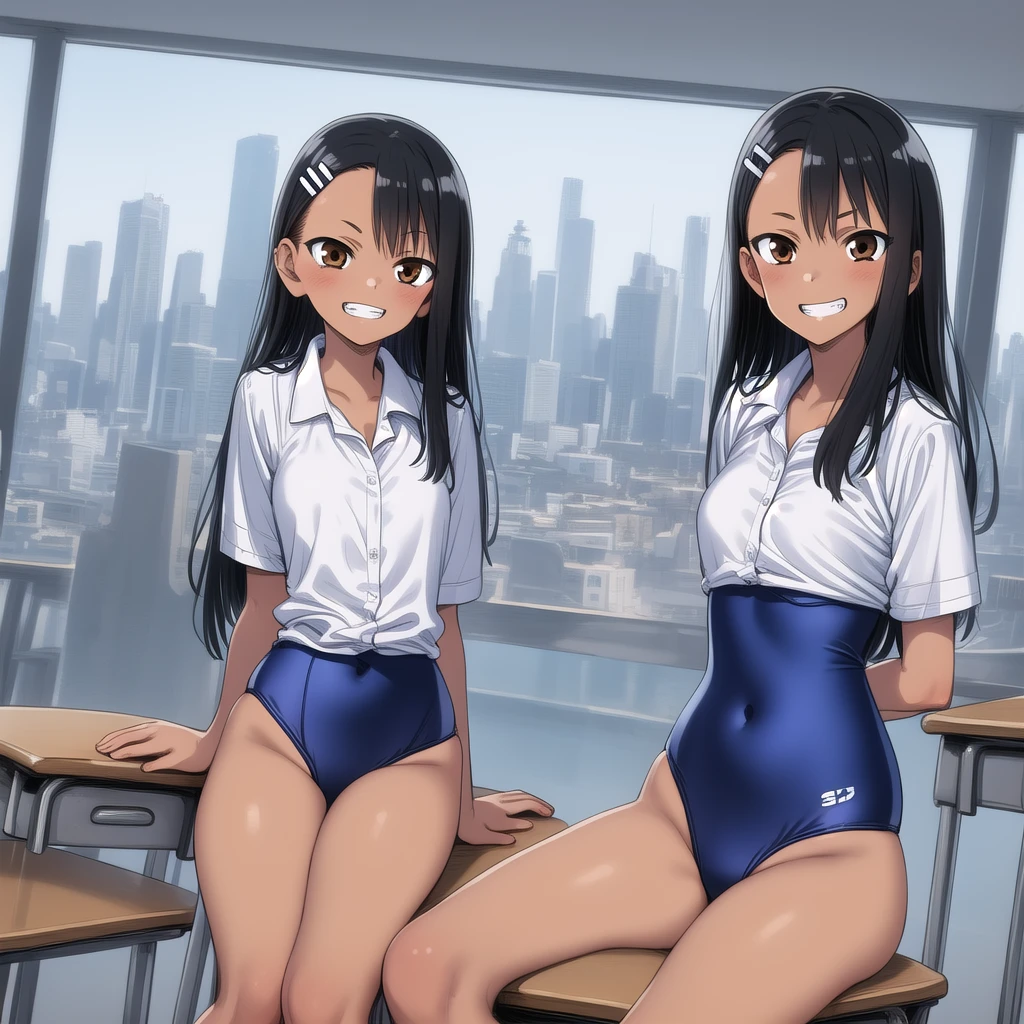 One girl, Cowboy Shot, Grin, classroom, fighting sSunburnce, Nagatoro_Hayase, Brown eyes, Black Hair, Long Hair, Dark Skin, Dark skinned women, Sunburn, Sunburnlines, Hair Clip, , White shirt, Collared shirt, プリーツskirt, Highest quality, masterpiece, High resolution, One girl, alone,Sitting, cyberpunk cityscape,night city \(city\), stealth in the city,Small breasts, masterpiece, Professional artwork, Famous works of art, Perfect Face,Perfect Eyes,nagatoro Hayase, hair ornaments, Brown eyes,(Glowing Eyes:1.1), Hair Clip,Dark Skin, Black Hair,, Cowboy Shot, Black Hair, Beautiful Face, 邪悪なsmile, Evil Eye, ((Perfect female body, Tight waist)), background city, skirt,Highest quality, masterpiece, High resolution, 8k wallpaper,whole bodyイラスト,whole body,one-piece swimsuit,Swimsuit,One piece swimsuit,High leg,背景classroom,Embarrassed face,With legs apart,Looking up from below,Sexy pose,Watching the audience,blush,smile,Smiling,制服の下にSwimsuit,制服の下にOne piece swimsuit,School swimsuit under uniform,Swimsuit under uniform,swimsuit under clothes,skirtリフト,制服の下にSwimsuitを着込んでいる,制服の下にOne piece swimsuitを着込んでいる,Perfect description,シャツの下にSwimsuit,シャツの下にOne piece swimsuit,Shirt lift,Are standing,White shirt, Collared shirt, プリーツskirt,プリーツskirtの下にSwimsuit,プリーツskirtの下にOne piece swimsuit,Anime Style,Anime Art,skirtをたくし上げている,Low - Angle,