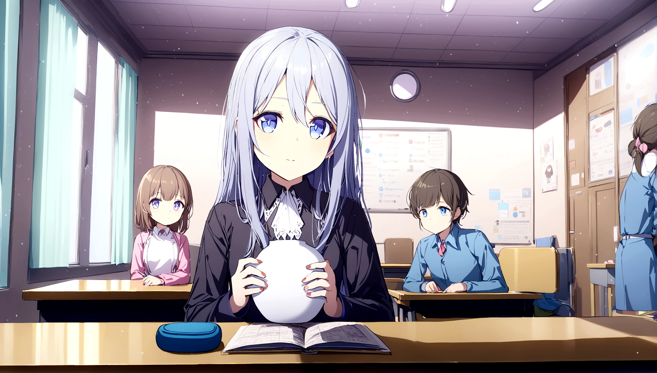 A girl with long white hair, blue eyes, wearing a sitting next to the window in the classroom